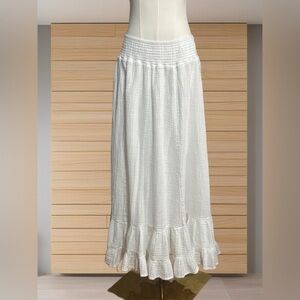 White Gauze Prairie Maxi Skirt Ruffle Hem Smocked Waist XL Boho Cottagecore